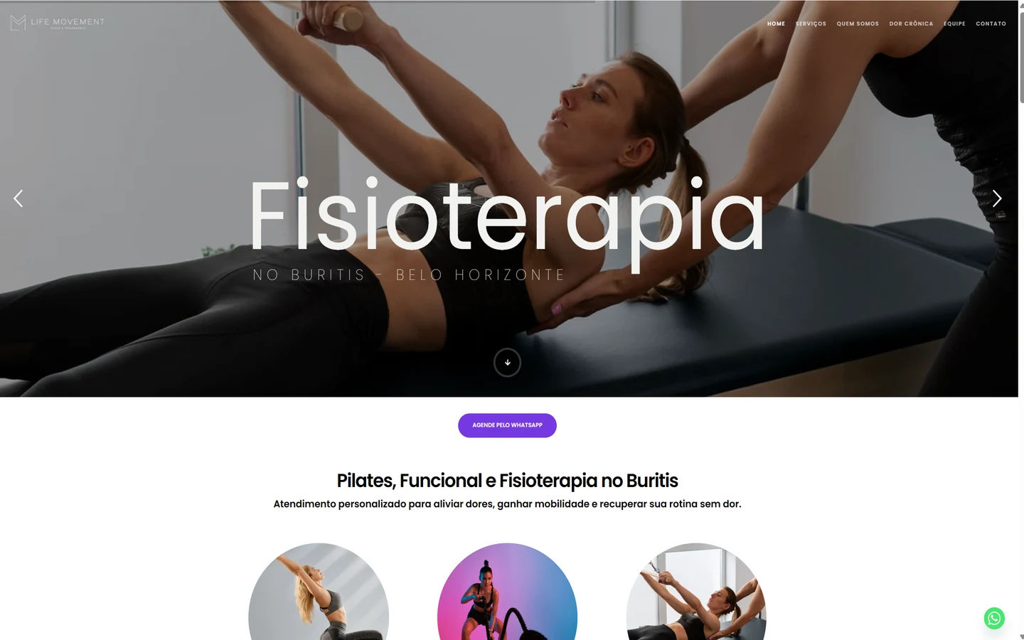 Página inicial do site da Life Movement, fisioterapia e pilates