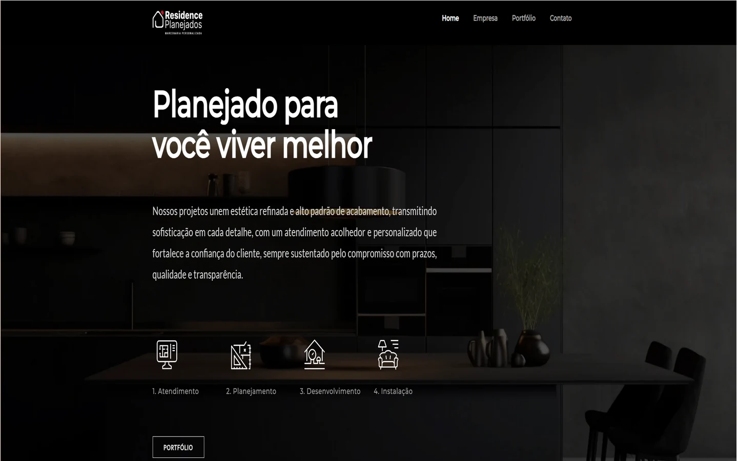 Página inicial do site da Residence Planejados, marcenaria personalizada