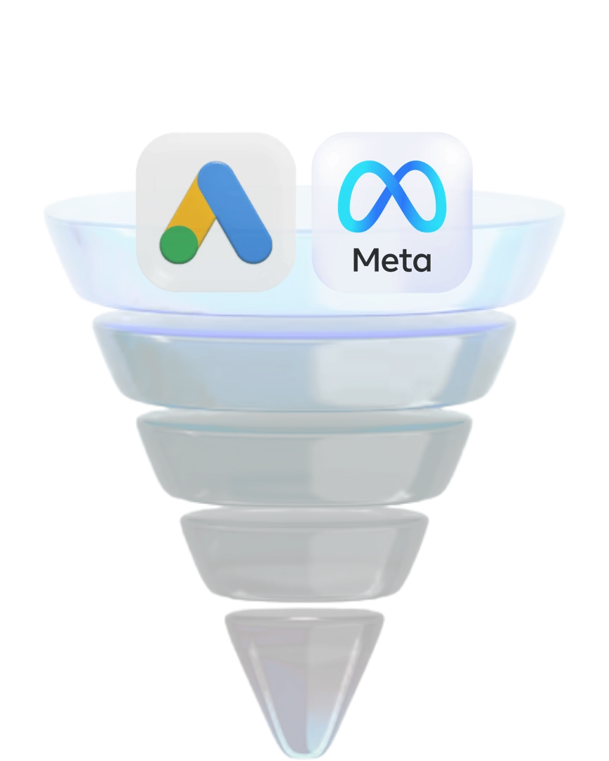 Funil de captação com os ícones do Google Ads e Meta Ads
